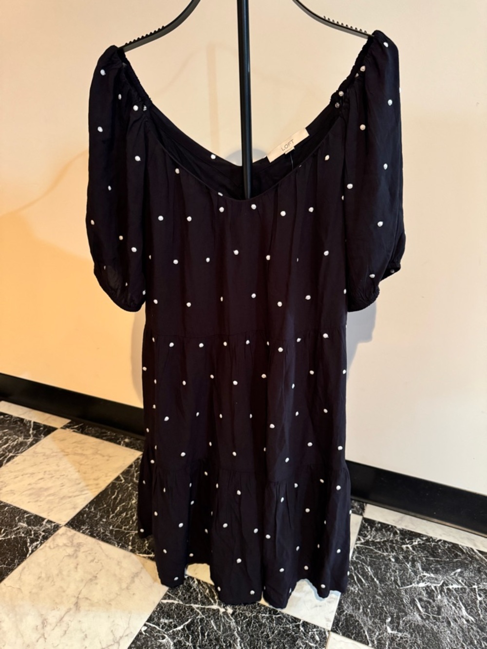 LOFT Black & White Polka Dot Puff Sleeve Babydoll Dress M NWT Cottagecore Brunch